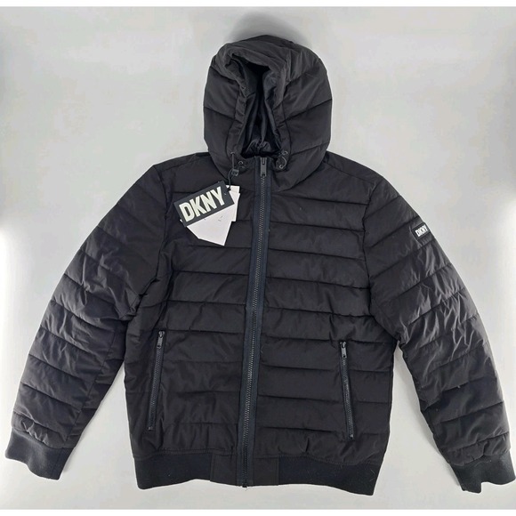 Dkny Other - DKNY Quilted‎ Hooded Bomber Puffy Jacket Mens Sz M Black 4 Way Stretch NWT